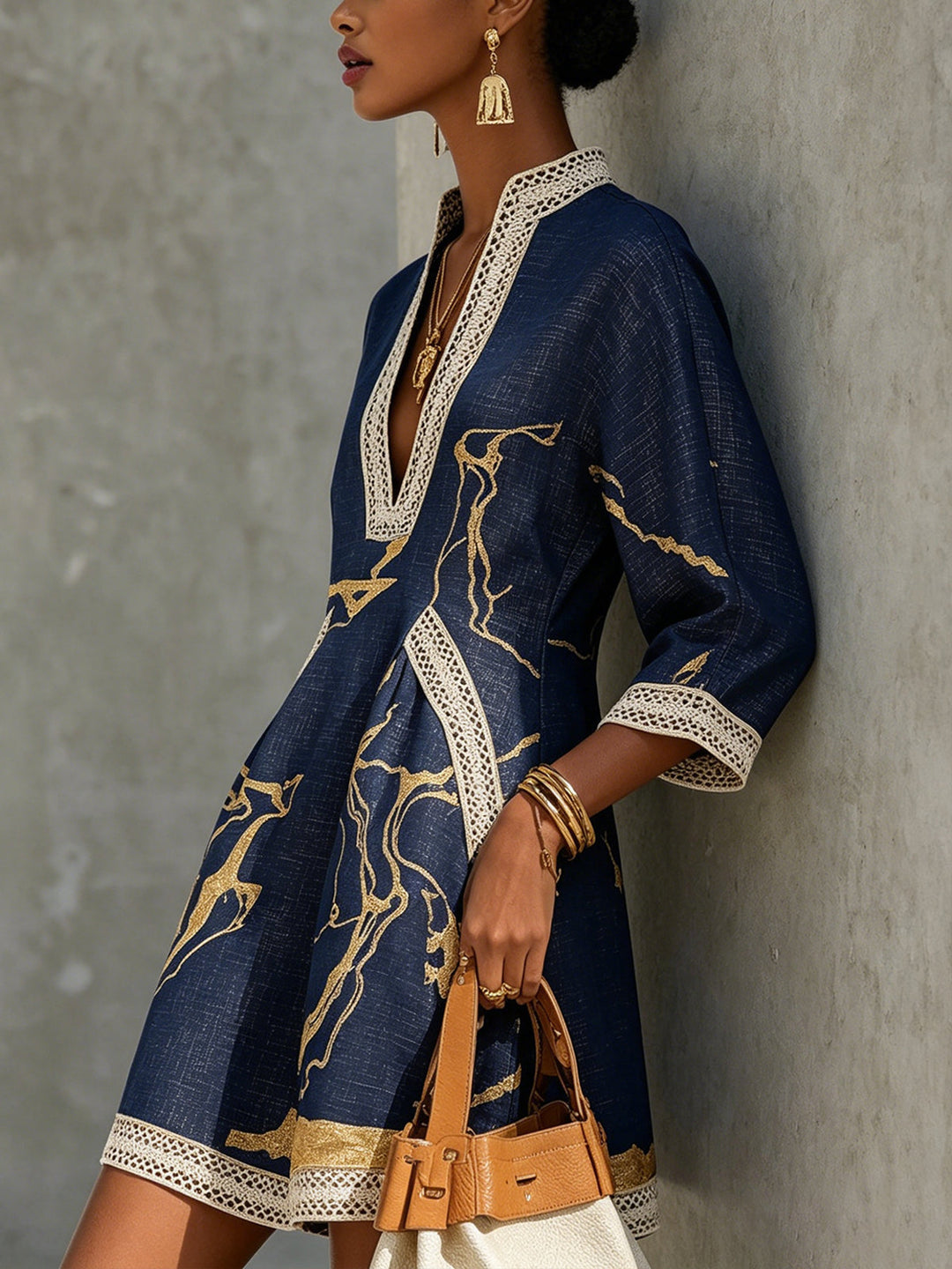 Cosette | Navy V-Neck Mini Dress with Gold Details