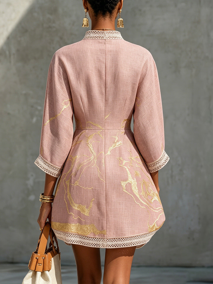 Ninon | Pink V-Neck Mini Dress with Gold Details