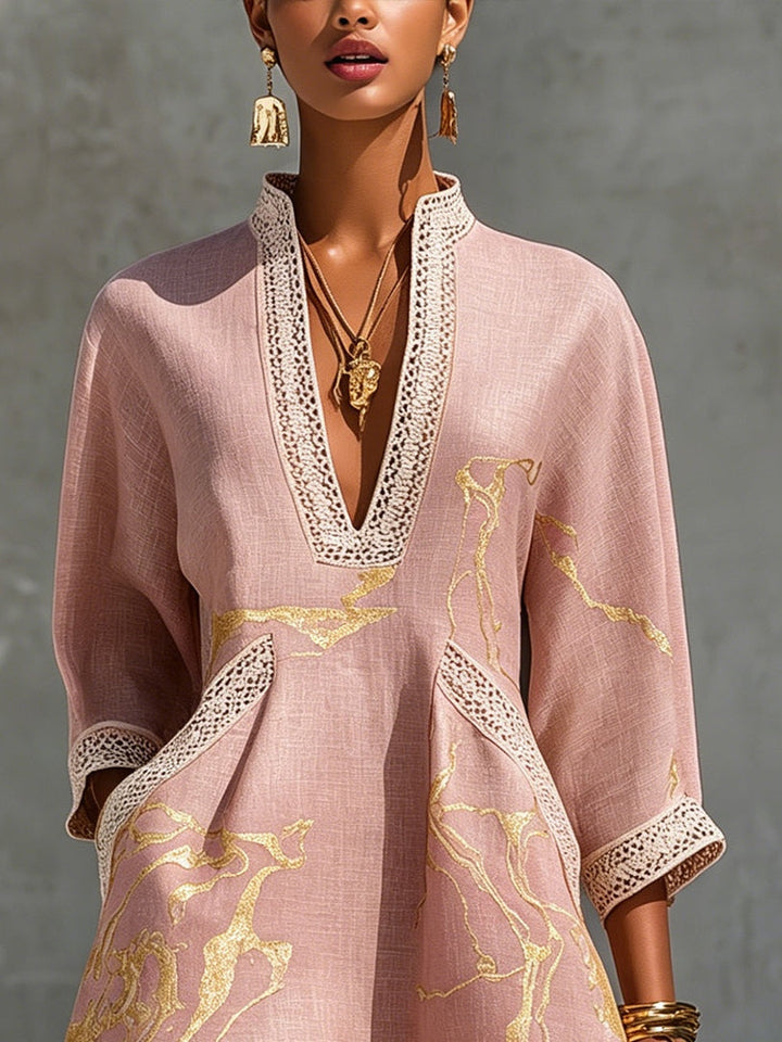 Ninon | Pink V-Neck Mini Dress with Gold Details