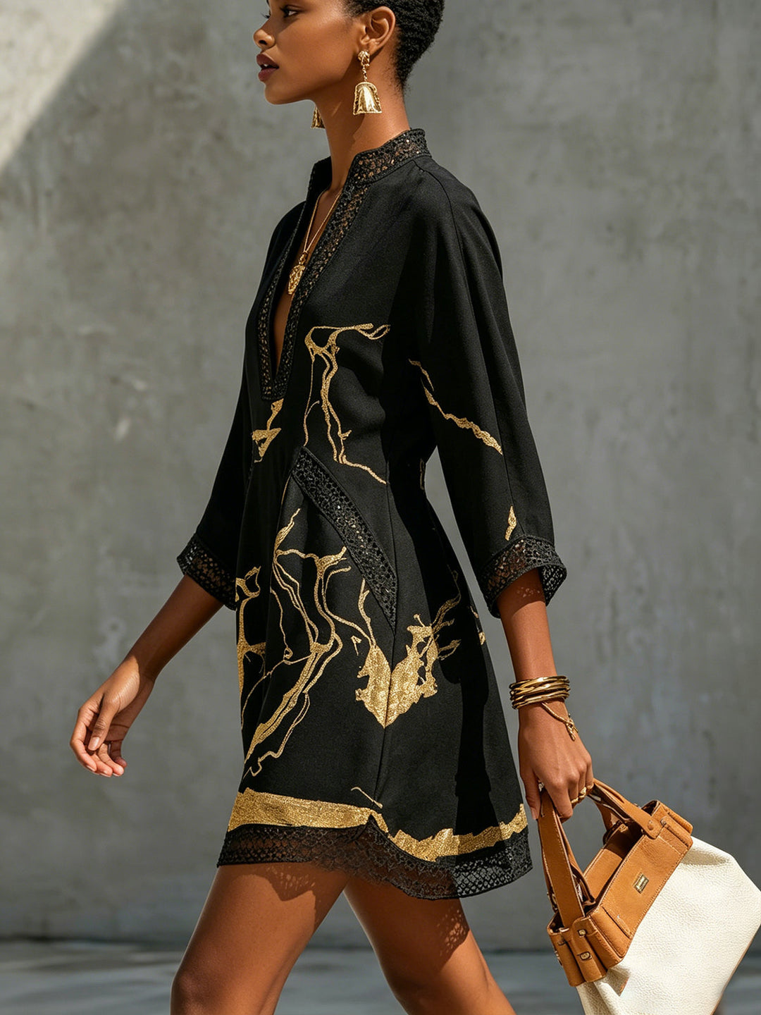 Léonie | Black V-Neck Mini Dress with Gold Details