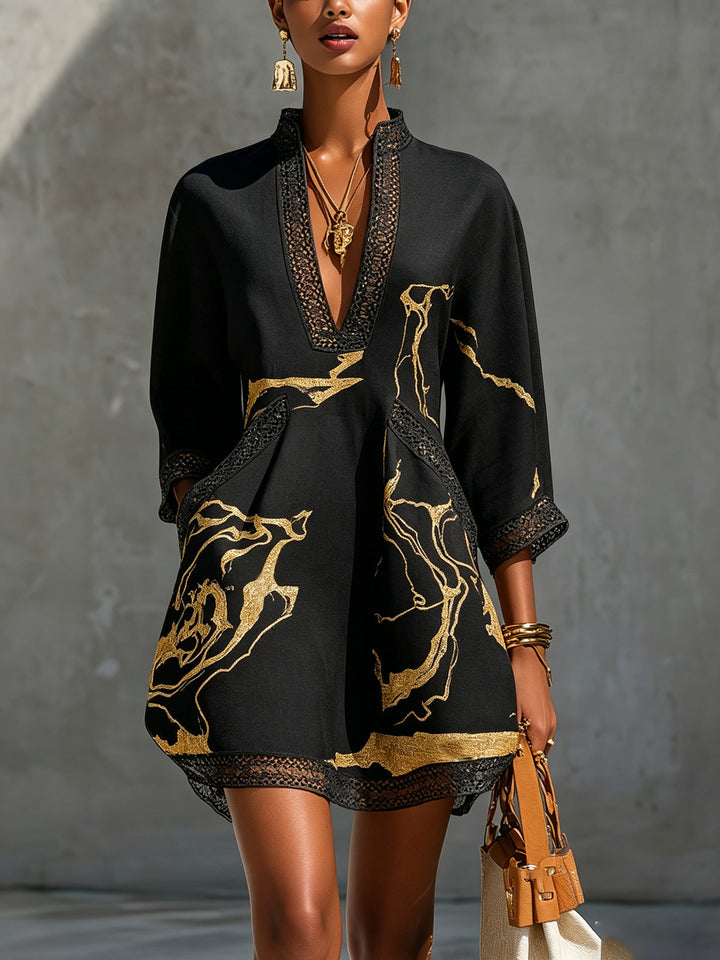 Léonie | Black V-Neck Mini Dress with Gold Details