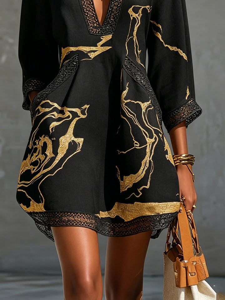 Léonie | Black V-Neck Mini Dress with Gold Details