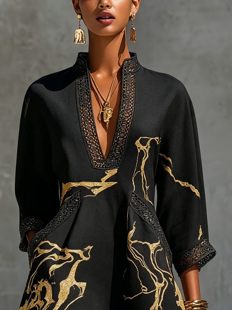 Léonie | Black V-Neck Mini Dress with Gold Details