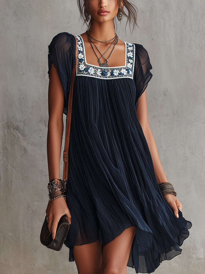 Apolline | Navy Floral Pleated Mini Dress