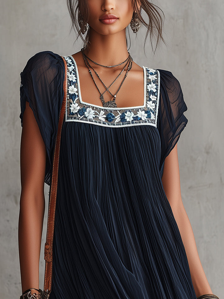 Apolline | Navy Floral Pleated Mini Dress