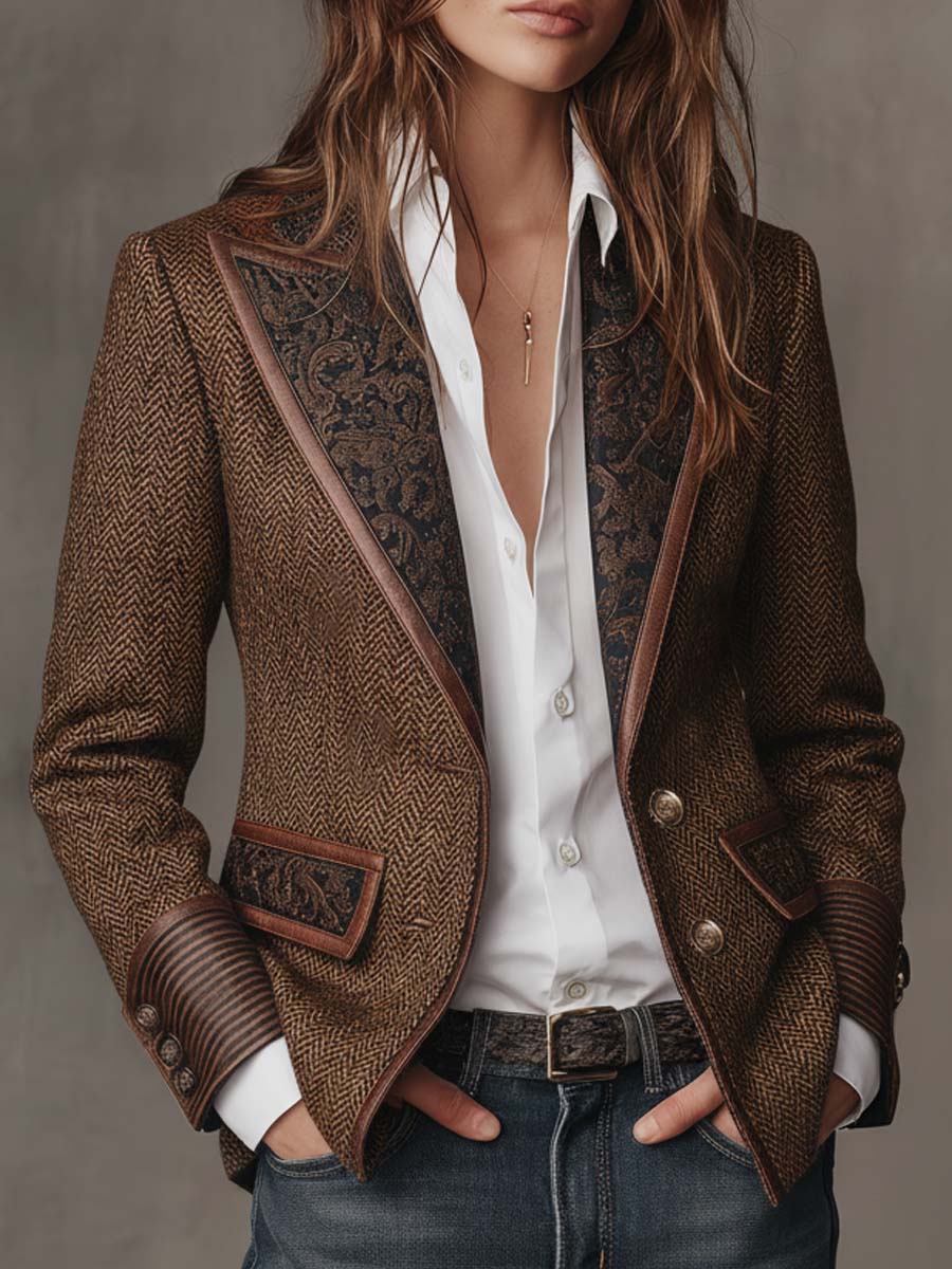 Herringbone Blazer With Printed Panels