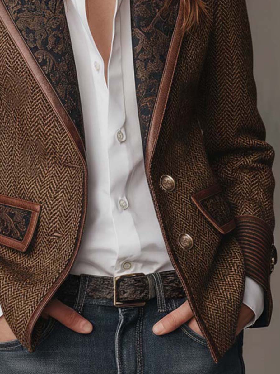 Herringbone Blazer With Printed Panels