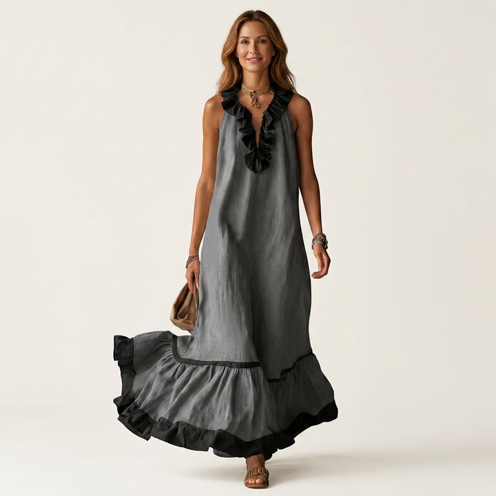 Mayline | Sleeveless Ruffle-Neck Contrast-Trim Maxi Dress