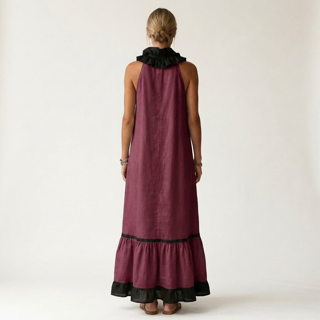 Mayline | Sleeveless Ruffle-Neck Contrast-Trim Maxi Dress