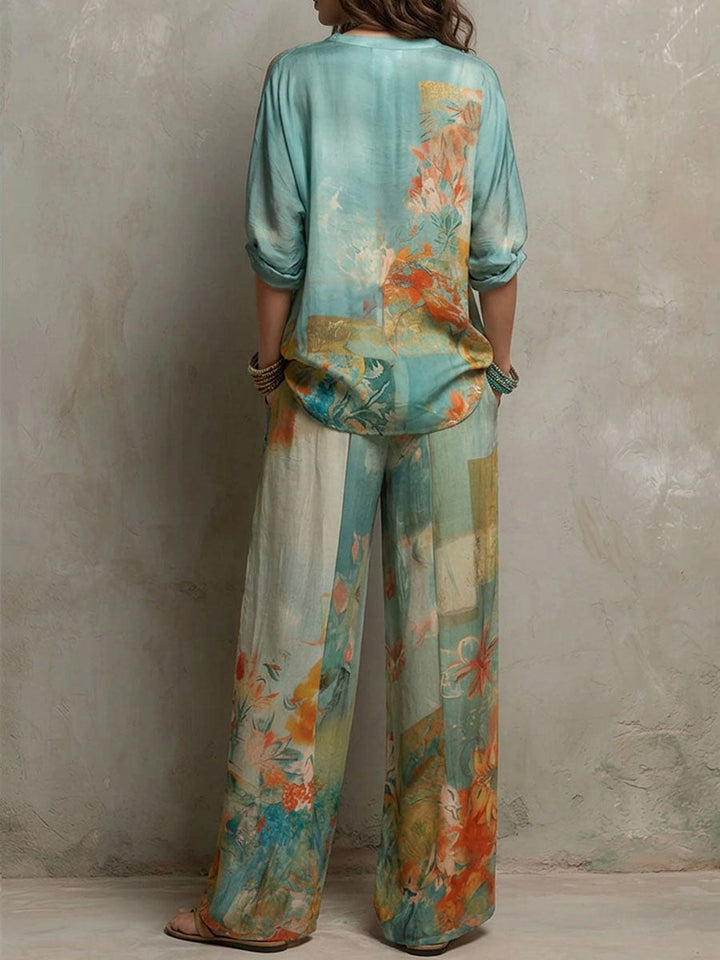 Chiara | Elegant Floral-Print Set With Wide-Leg Pants